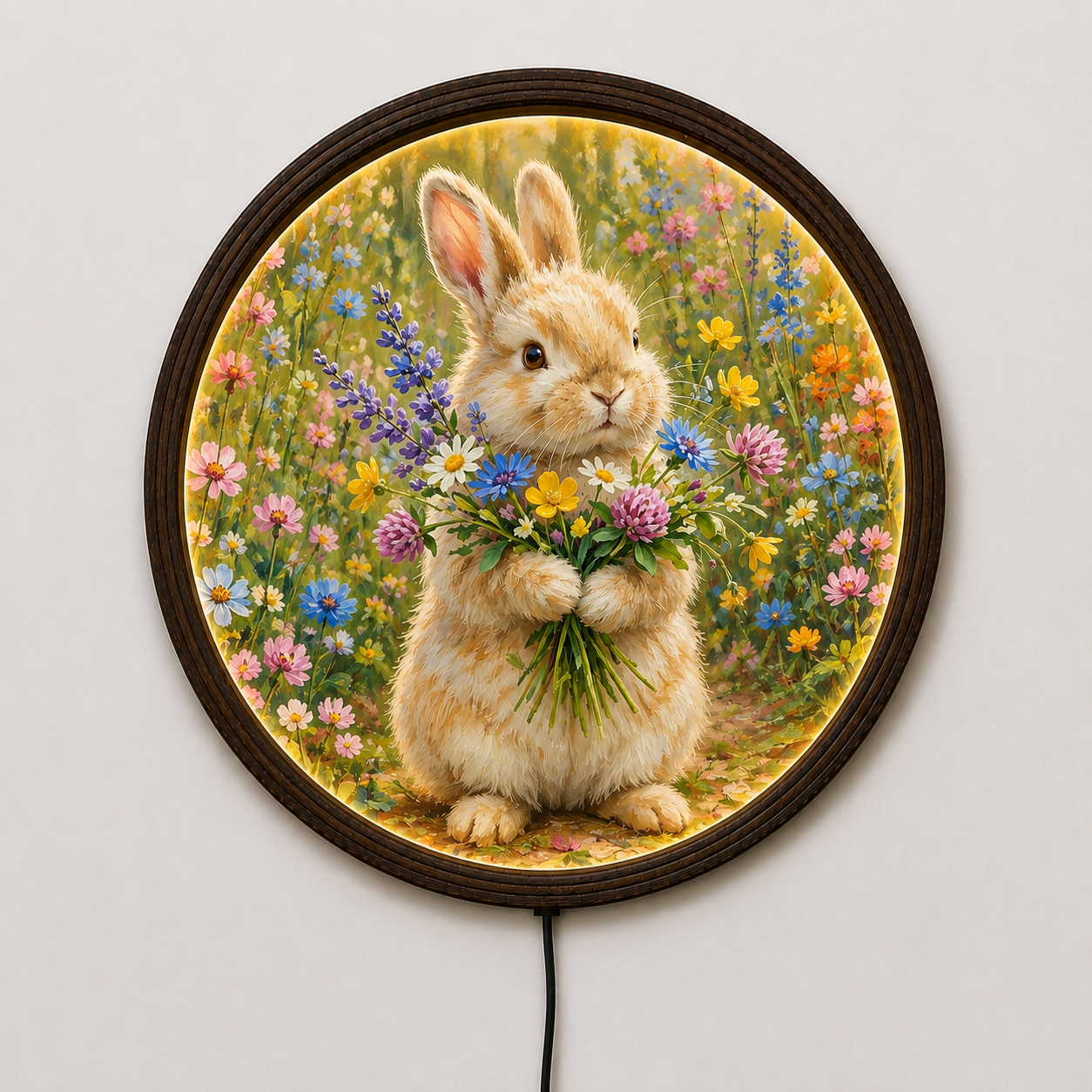 Cute Bunny with Wildflowers Round LED Wall Art | Illuminated Floral Rabbit Wall Decor