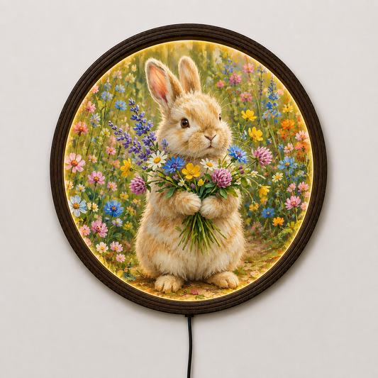 Cute Bunny with Wildflowers Round LED Wall Art | Illuminated Floral Rabbit Wall Decor
