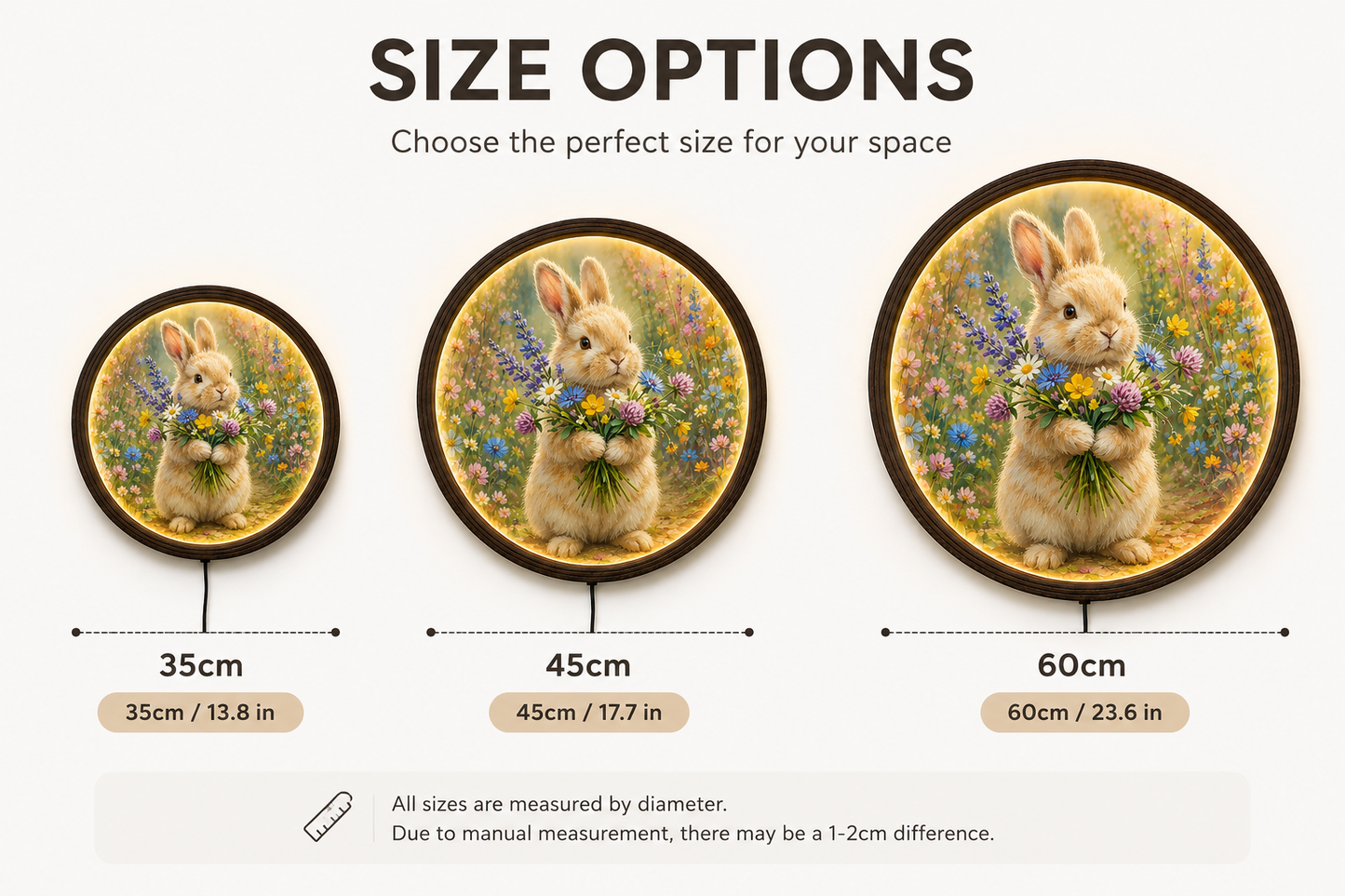 Cute Bunny with Wildflowers Round LED Wall Art | Illuminated Floral Rabbit Wall Decor