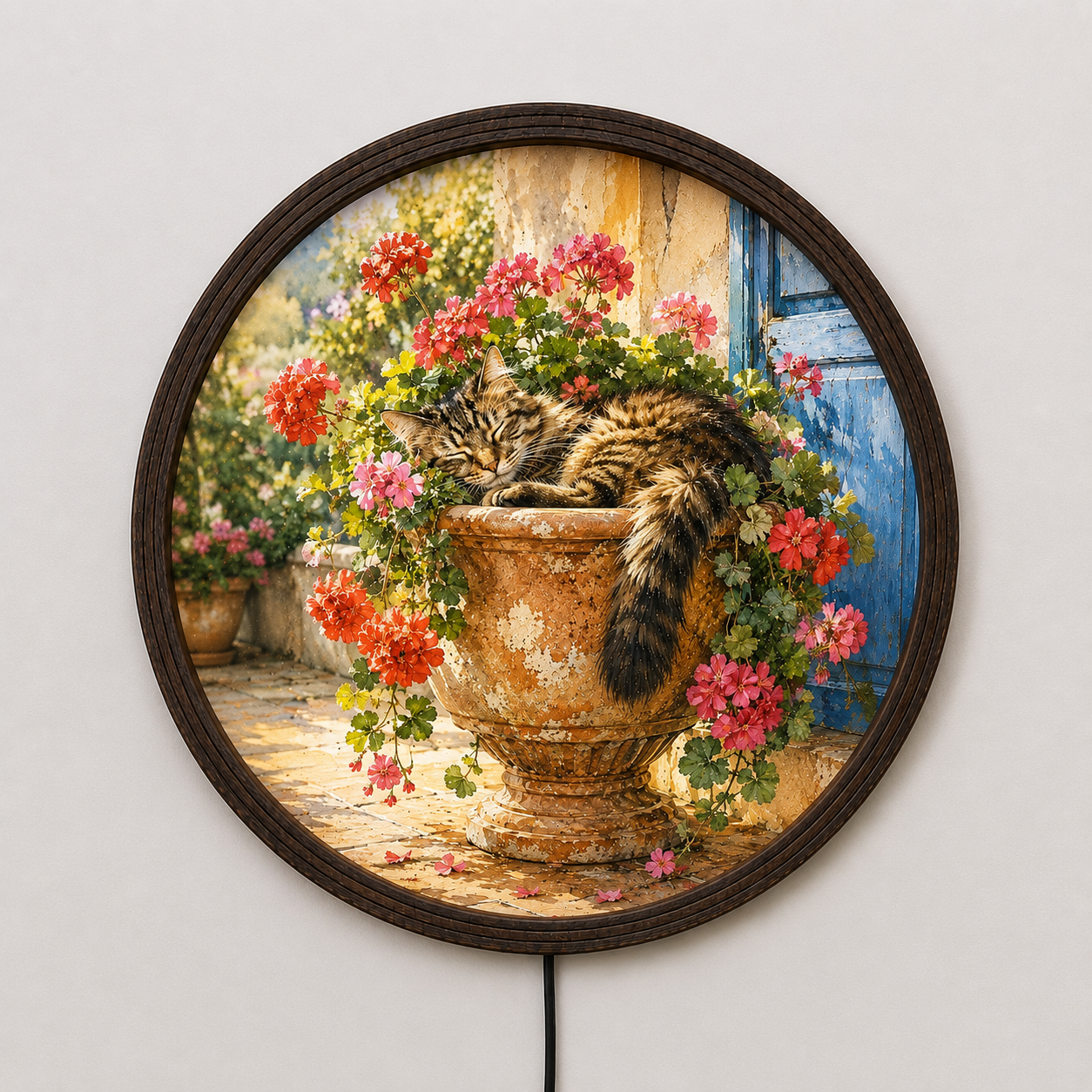 Sleeping Cat in Flower Pot Round LED Wall Art | Rustic Garden Canvas Framed Light