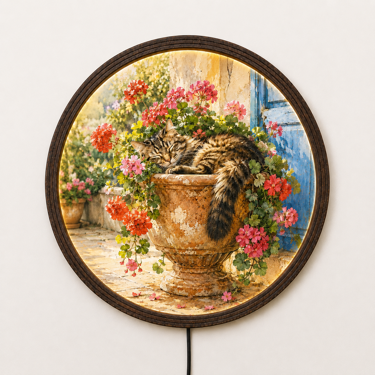 Sleeping Cat in Flower Pot Round LED Wall Art | Rustic Garden Canvas Framed Light