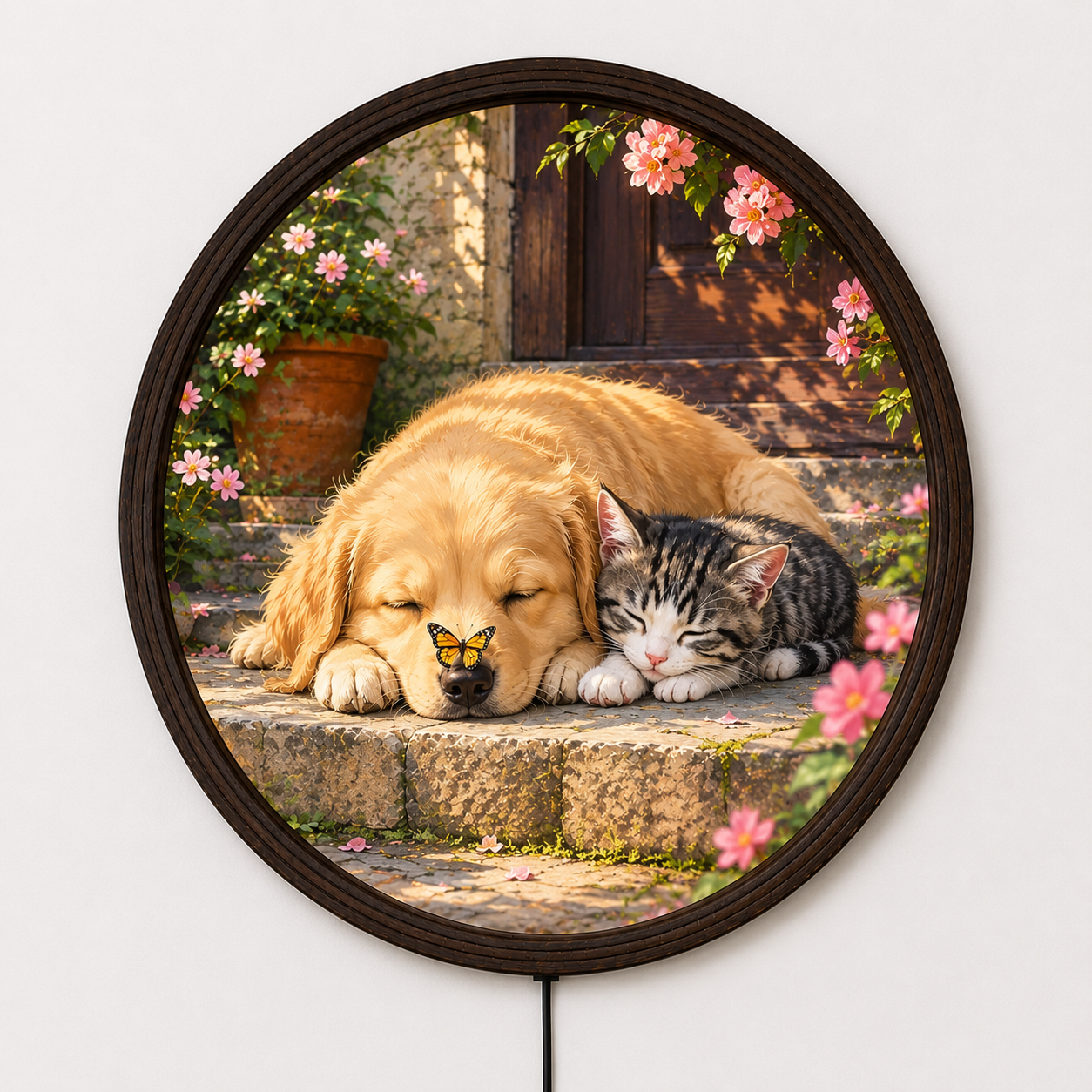 Round LED Illuminated Wall Art - Sleeping Golden Retriever & Tabby Kitten with Butterfly