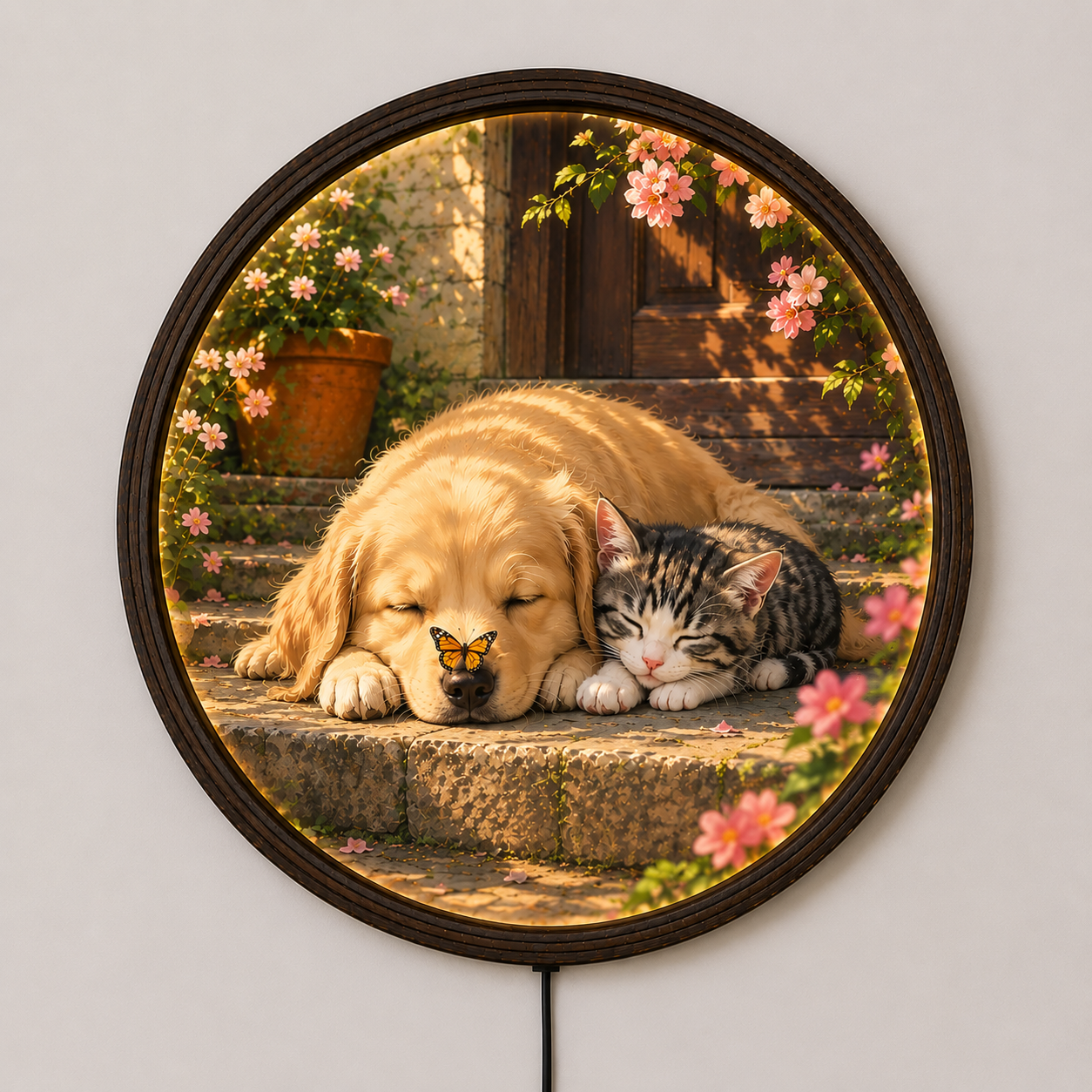 Round LED Illuminated Wall Art - Sleeping Golden Retriever & Tabby Kitten with Butterfly