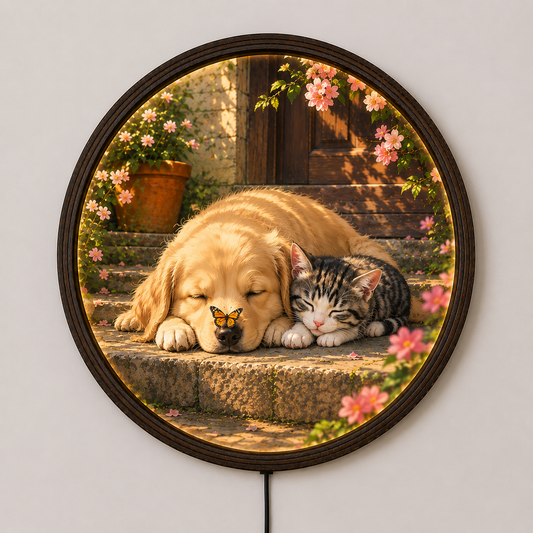 Round LED Illuminated Wall Art - Sleeping Golden Retriever & Tabby Kitten with Butterfly