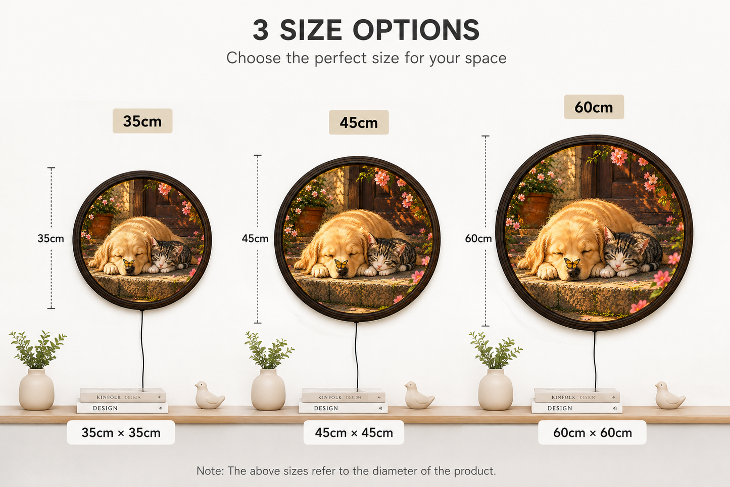 Round LED Illuminated Wall Art - Sleeping Golden Retriever & Tabby Kitten with Butterfly