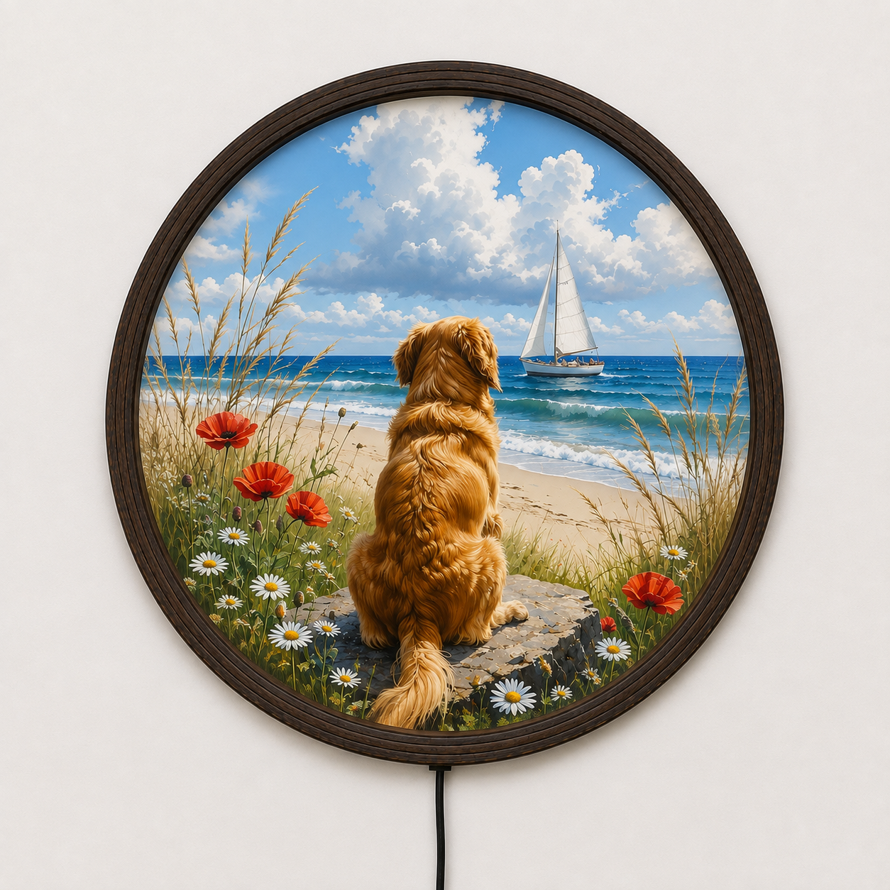 Golden Retriever Beach & Sailboat LED Wall Art – Round Illuminated Coastal Home Decor