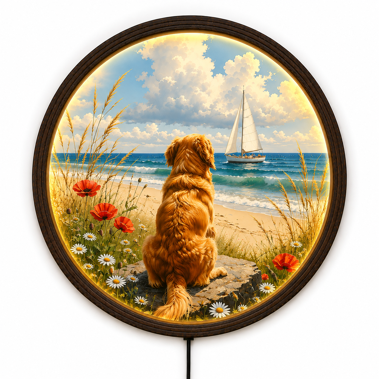 Golden Retriever Beach & Sailboat LED Wall Art – Round Illuminated Coastal Home Decor