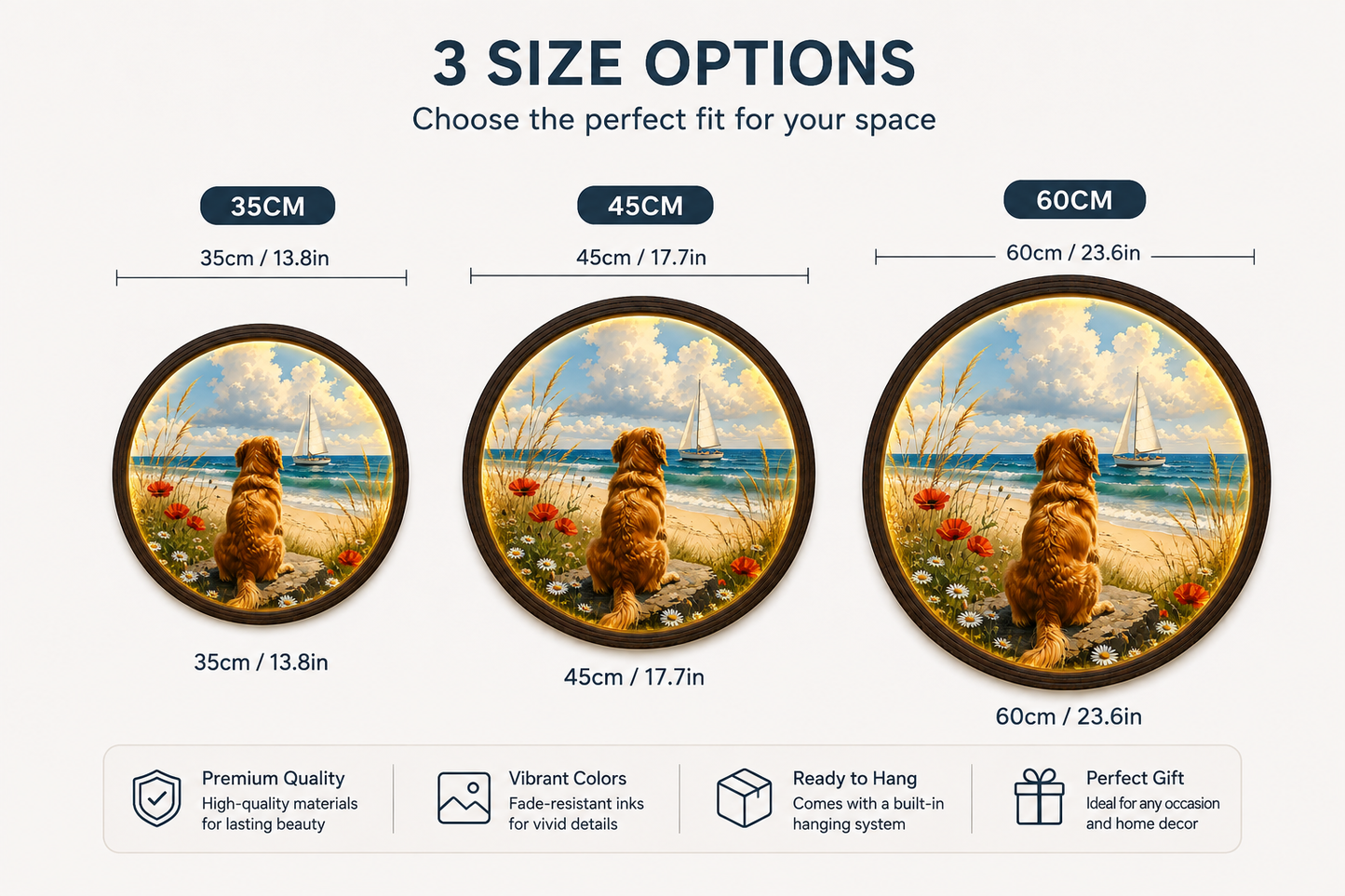 Golden Retriever Beach & Sailboat LED Wall Art – Round Illuminated Coastal Home Decor