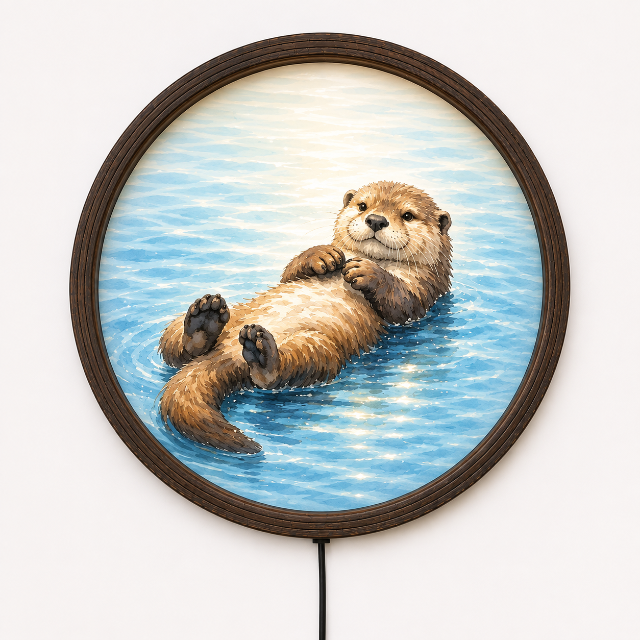 Illuminated River Otter Floating Art - Round Wood Frame LED Wall Light, Whimsical Home Decor