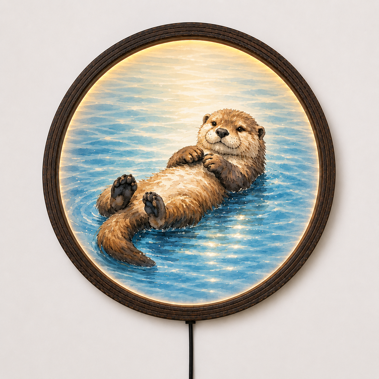Illuminated River Otter Floating Art - Round Wood Frame LED Wall Light, Whimsical Home Decor
