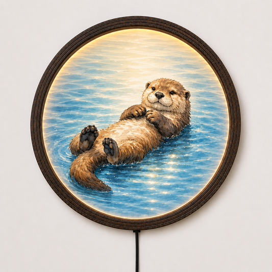 Illuminated River Otter Floating Art - Round Wood Frame LED Wall Light, Whimsical Home Decor