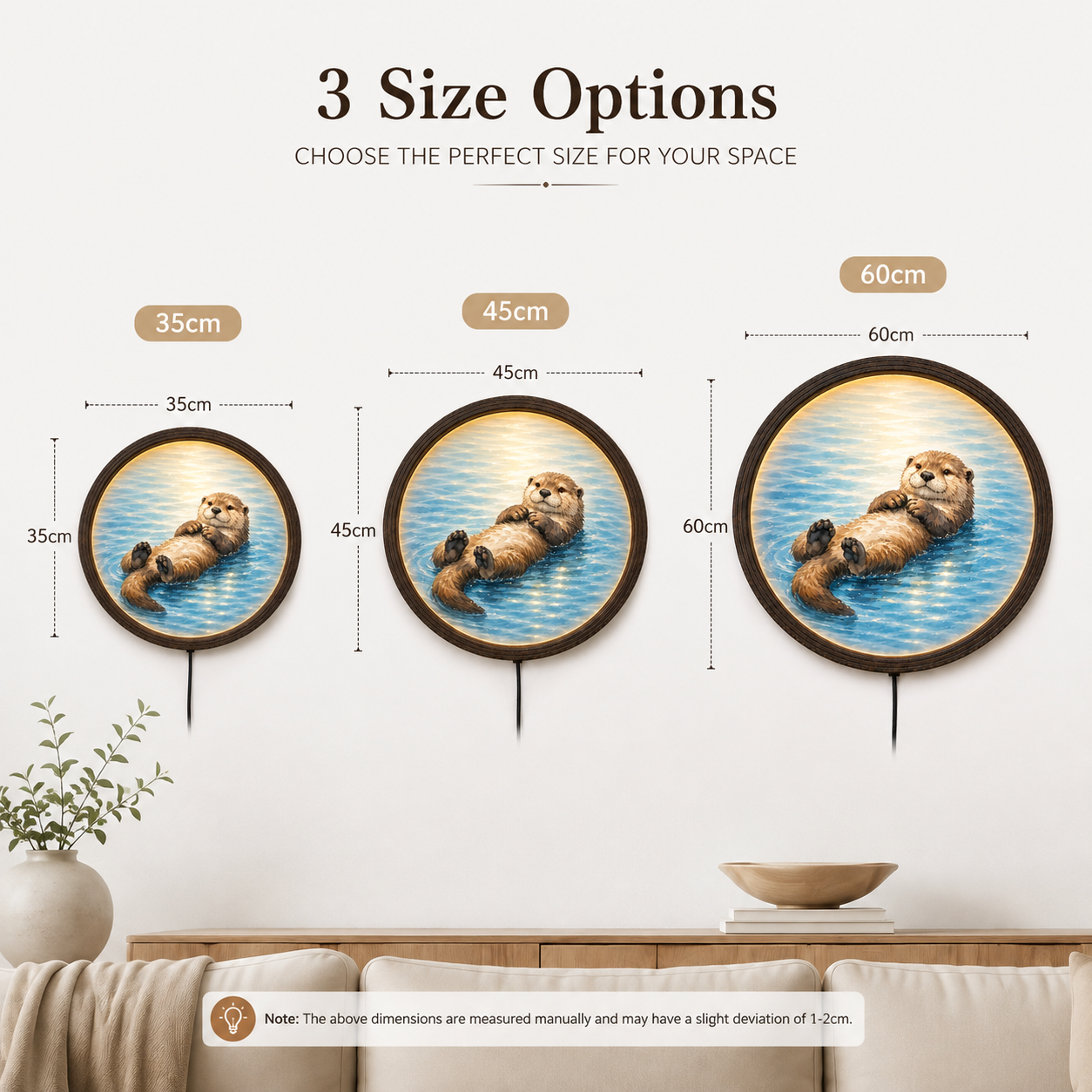 Illuminated River Otter Floating Art - Round Wood Frame LED Wall Light, Whimsical Home Decor