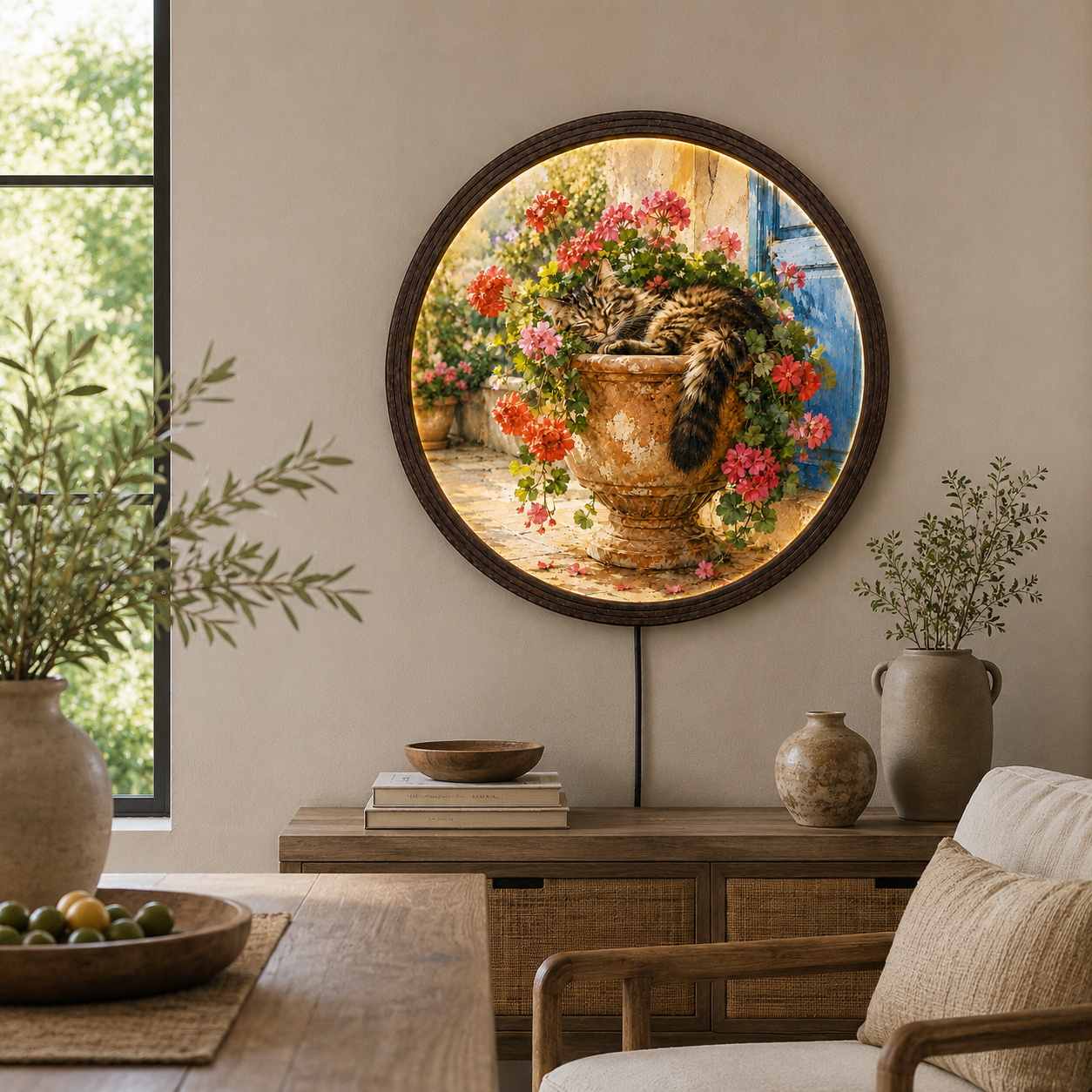 Sleeping Cat in Flower Pot Round LED Wall Art | Rustic Garden Canvas Framed Light