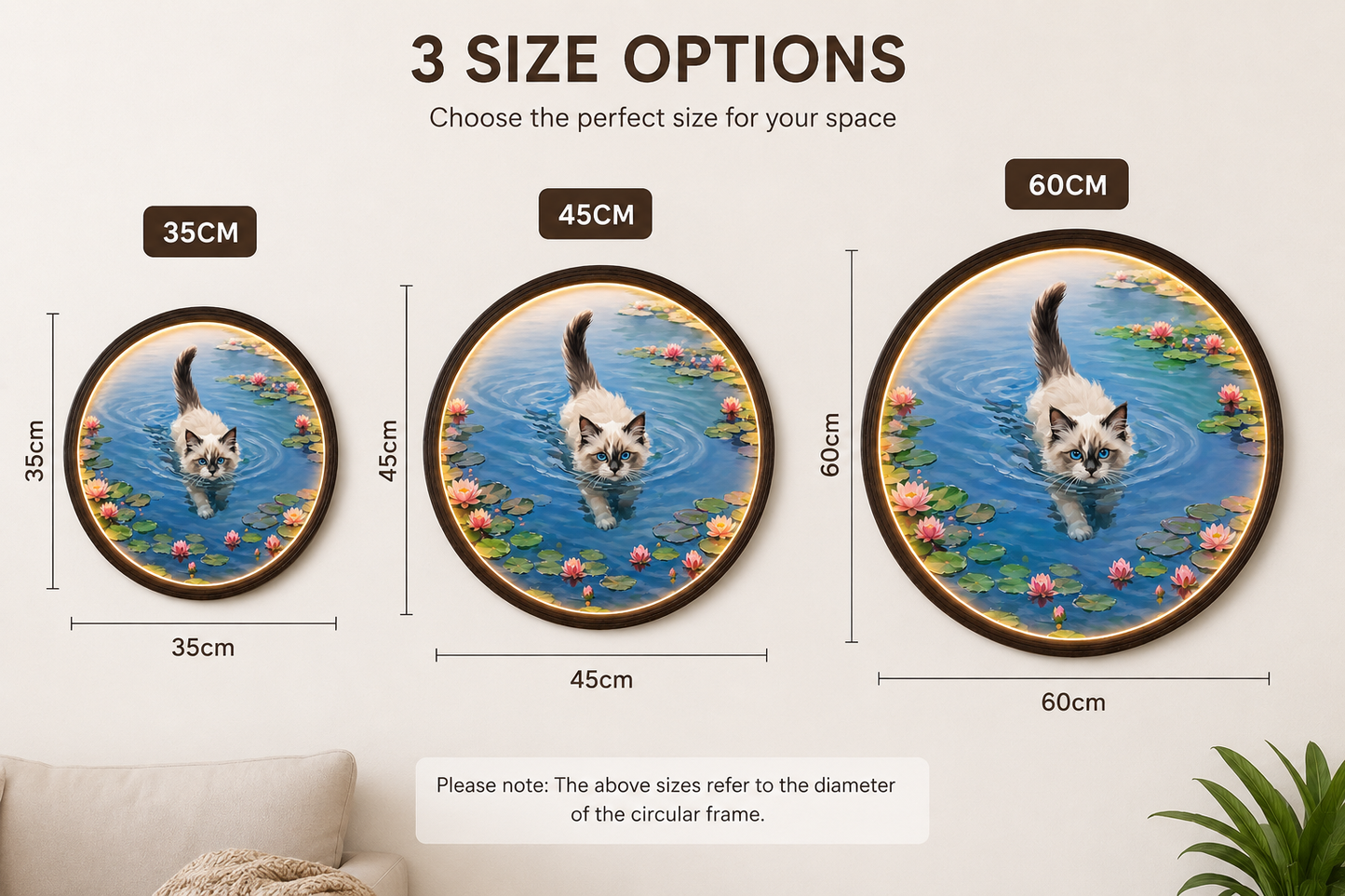 Illuminated Swimming Ragdoll Cat Wall Art - Round LED Lotus Pond Painting Frame