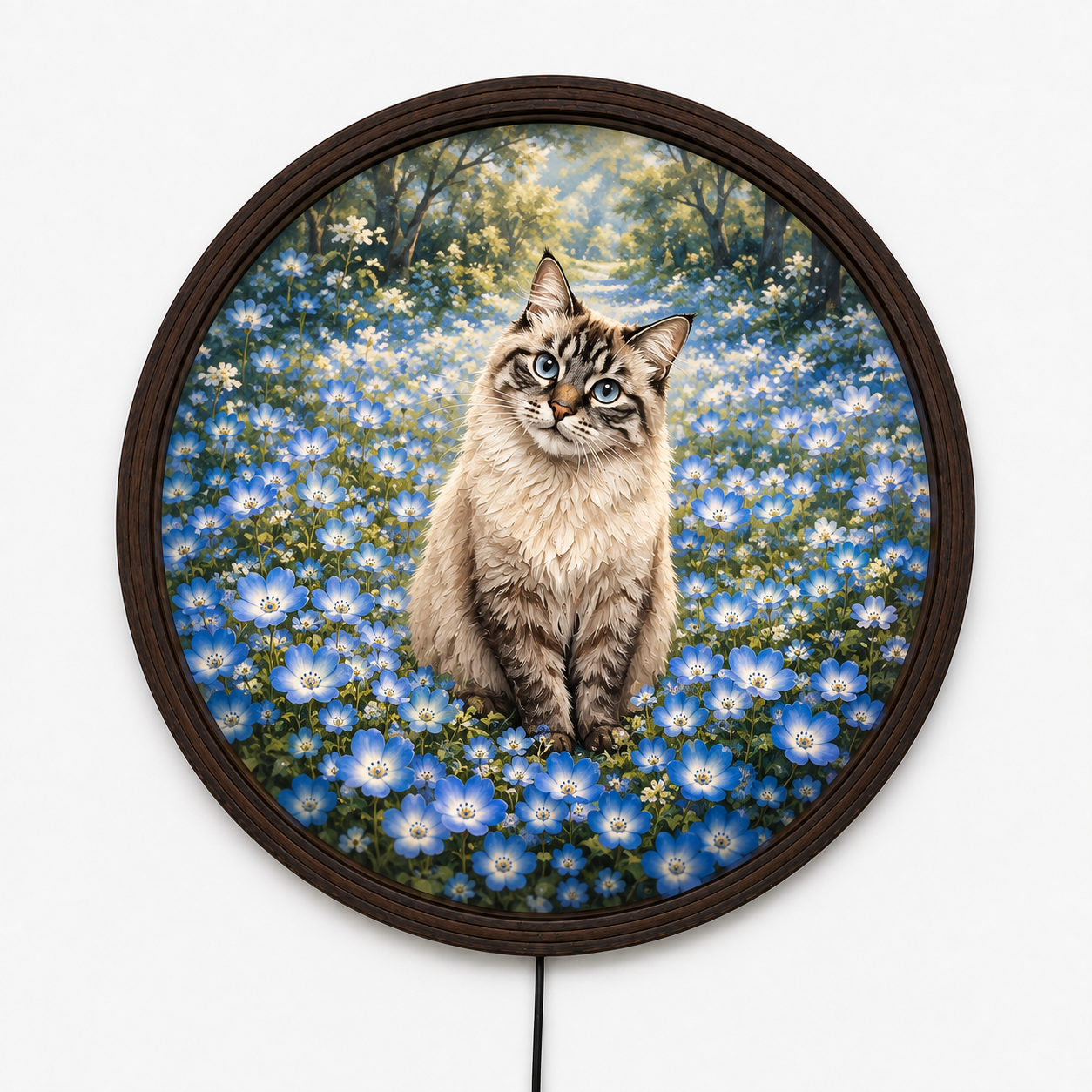 Cozy Cat in Blue Flower Field LED Wall Art Light - Round Wooden Framed Night Light Sign for Home & Bedroom Decor