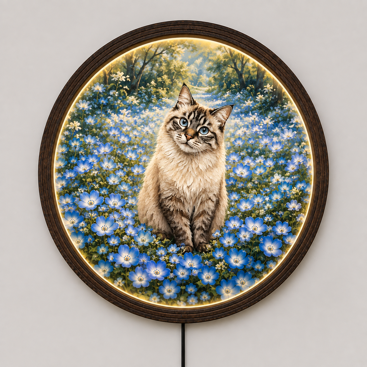 Cozy Cat in Blue Flower Field LED Wall Art Light - Round Wooden Framed Night Light Sign for Home & Bedroom Decor