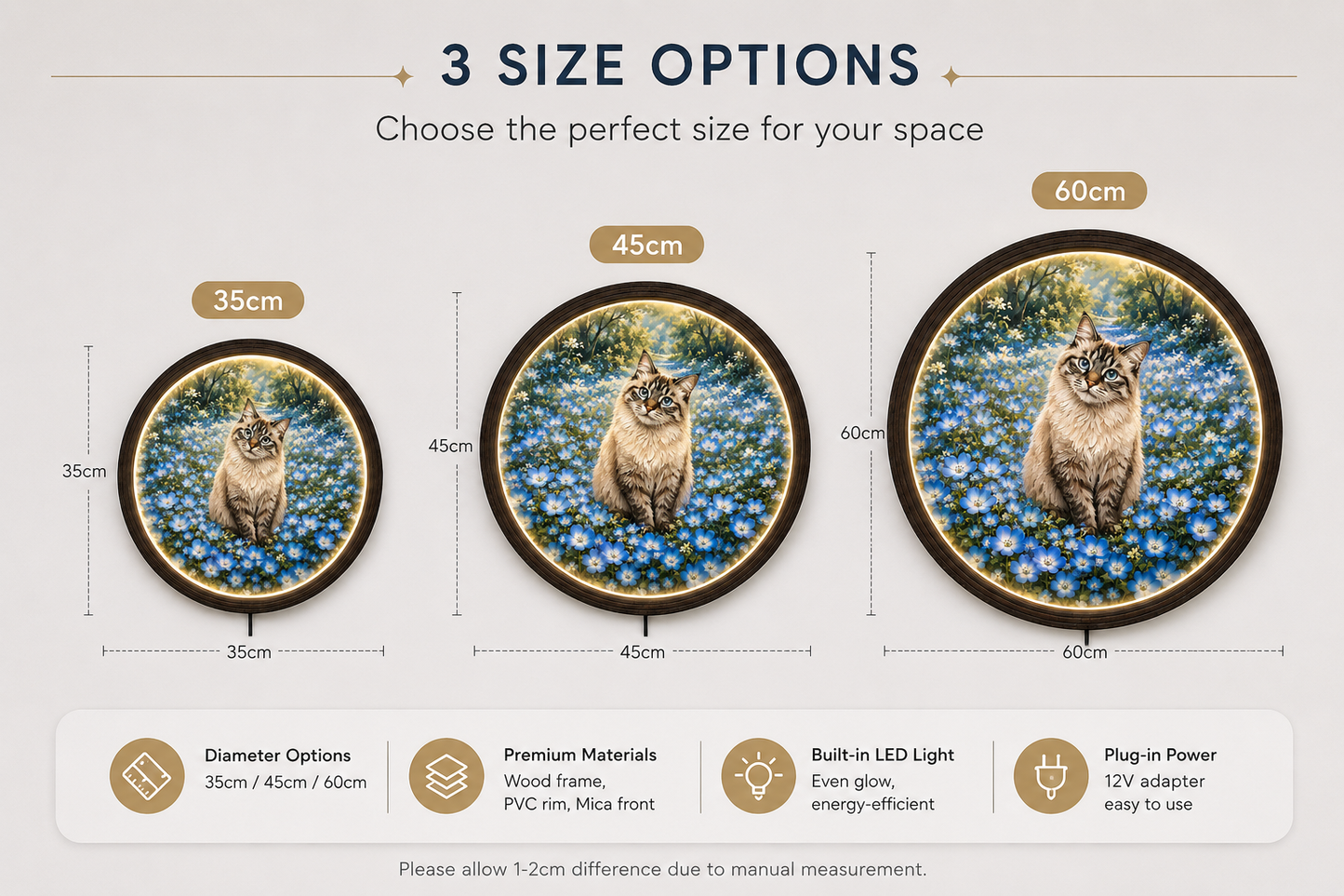 Cozy Cat in Blue Flower Field LED Wall Art Light - Round Wooden Framed Night Light Sign for Home & Bedroom Decor