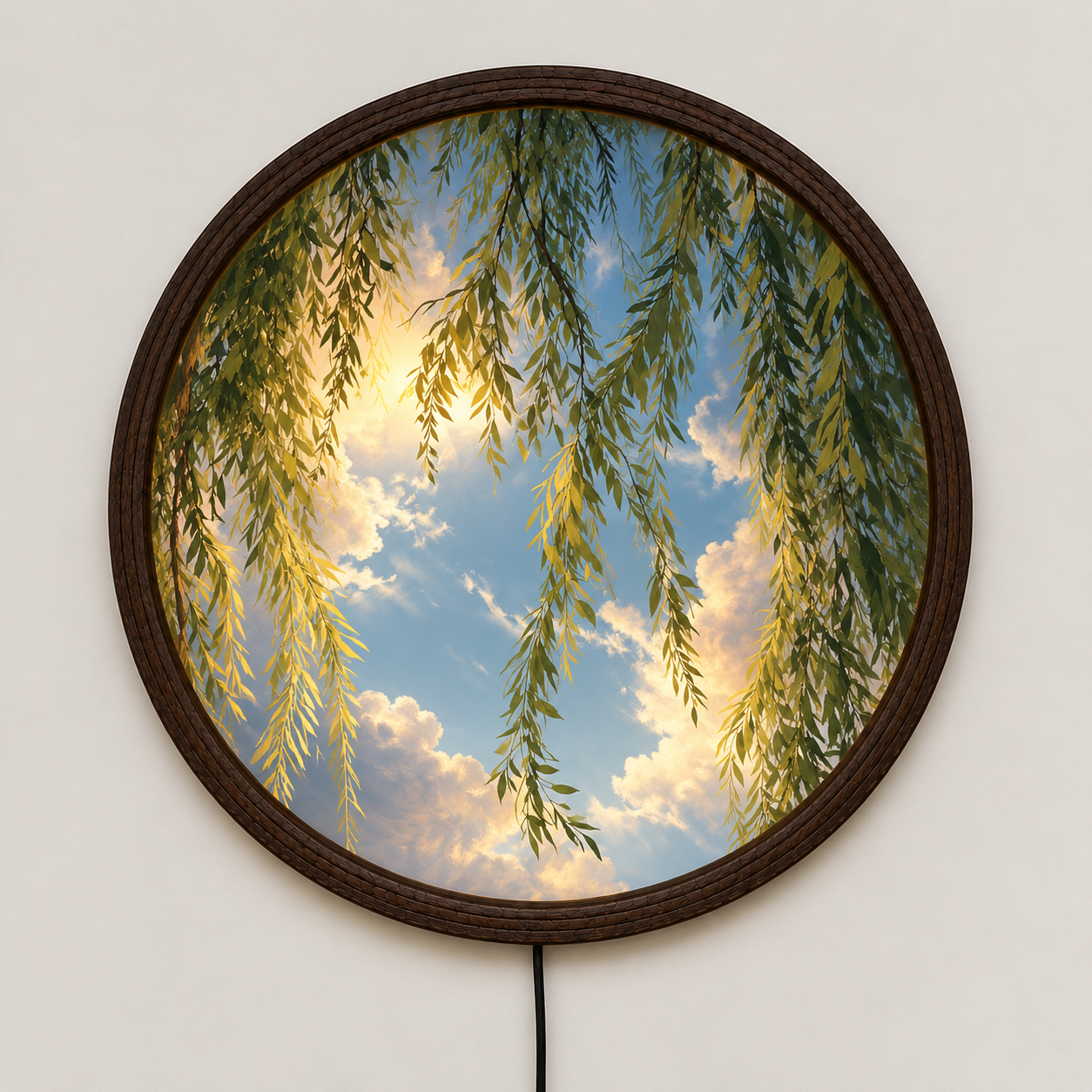 Circular Willow Tree Sky Scenic Canvas with Warm LED Light - Round Wooden Frame Wall Art for Living Room Bedside