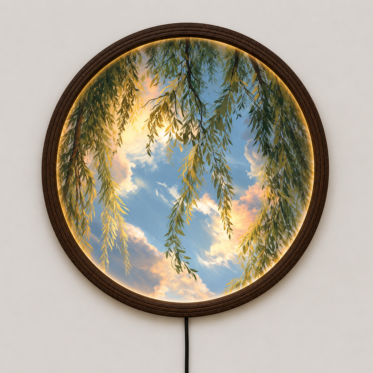 Circular Willow Tree Sky Scenic Canvas with Warm LED Light - Round Wooden Frame Wall Art for Living Room Bedside