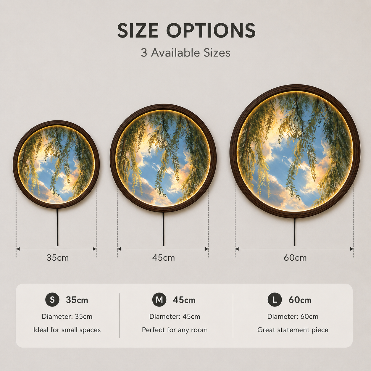 Circular Willow Tree Sky Scenic Canvas with Warm LED Light - Round Wooden Frame Wall Art for Living Room Bedside