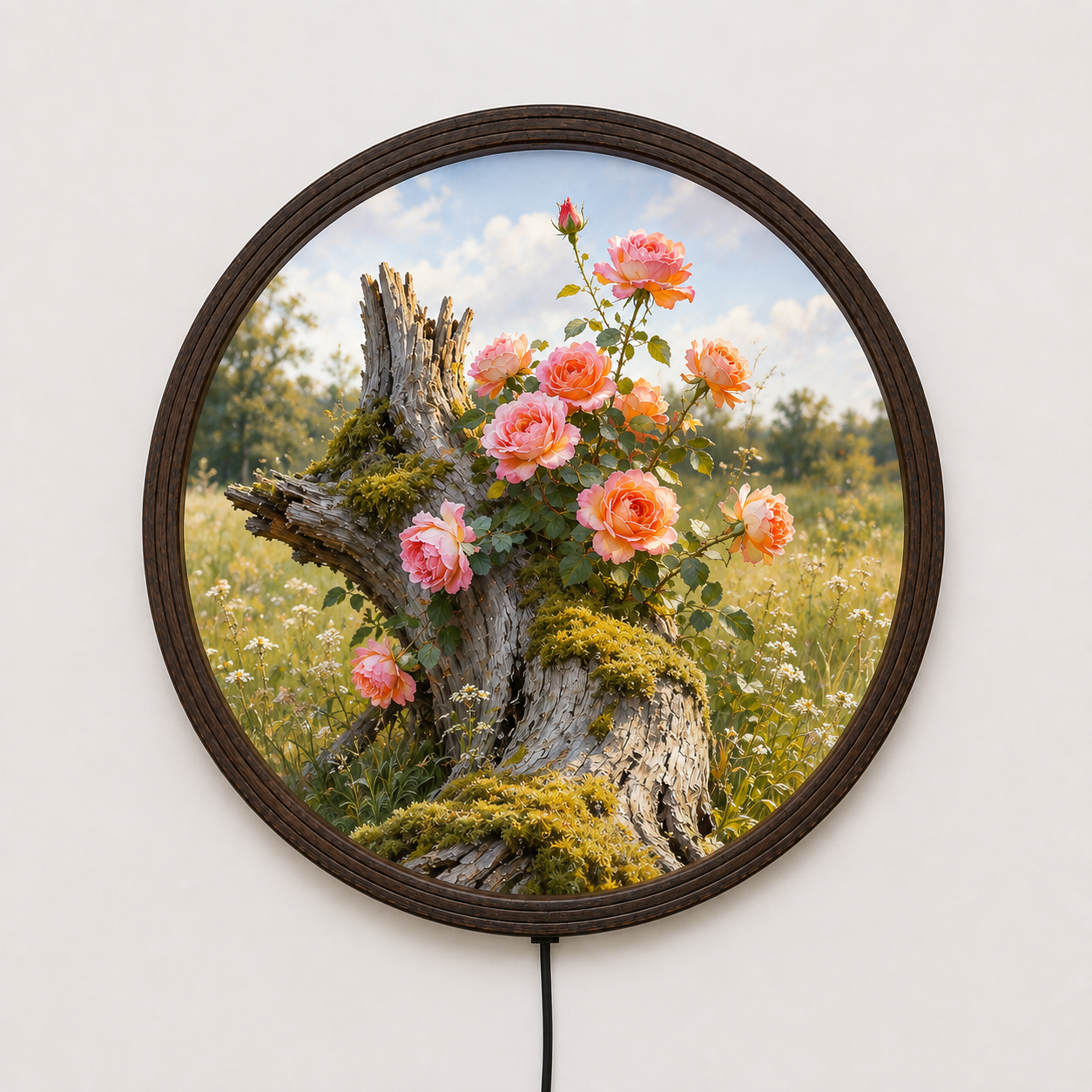 Circular Pink Rose Tree Stump LED Wall Art | Glowing Nature Floral Wooden Frame Wall Decor