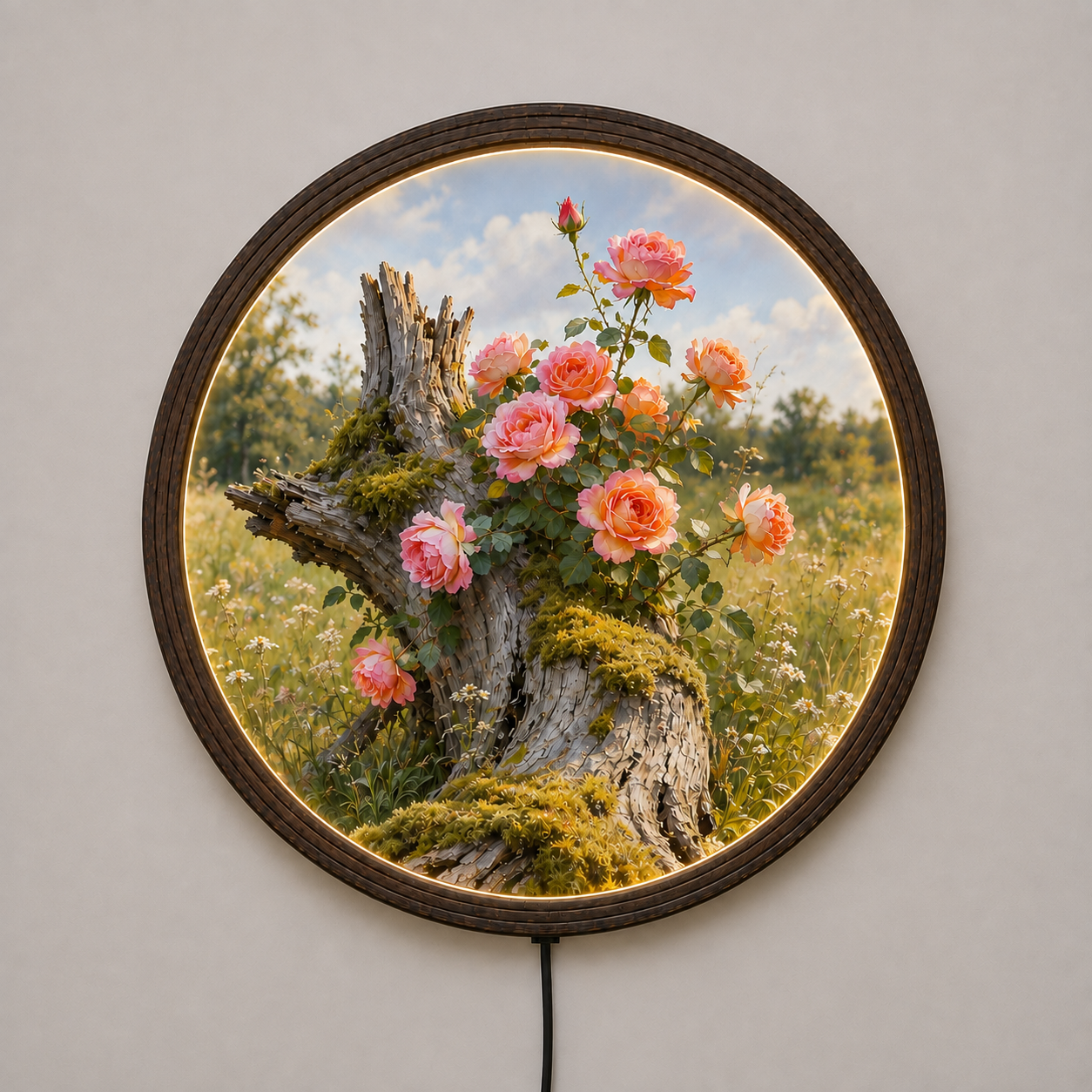 Circular Pink Rose Tree Stump LED Wall Art | Glowing Nature Floral Wooden Frame Wall Decor