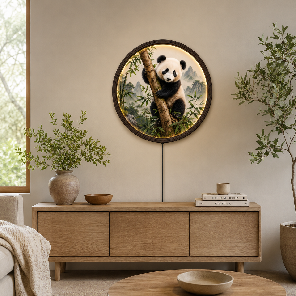 Illuminated Panda Bamboo Wooden LED Wall Art - Round Decorative Night Light
