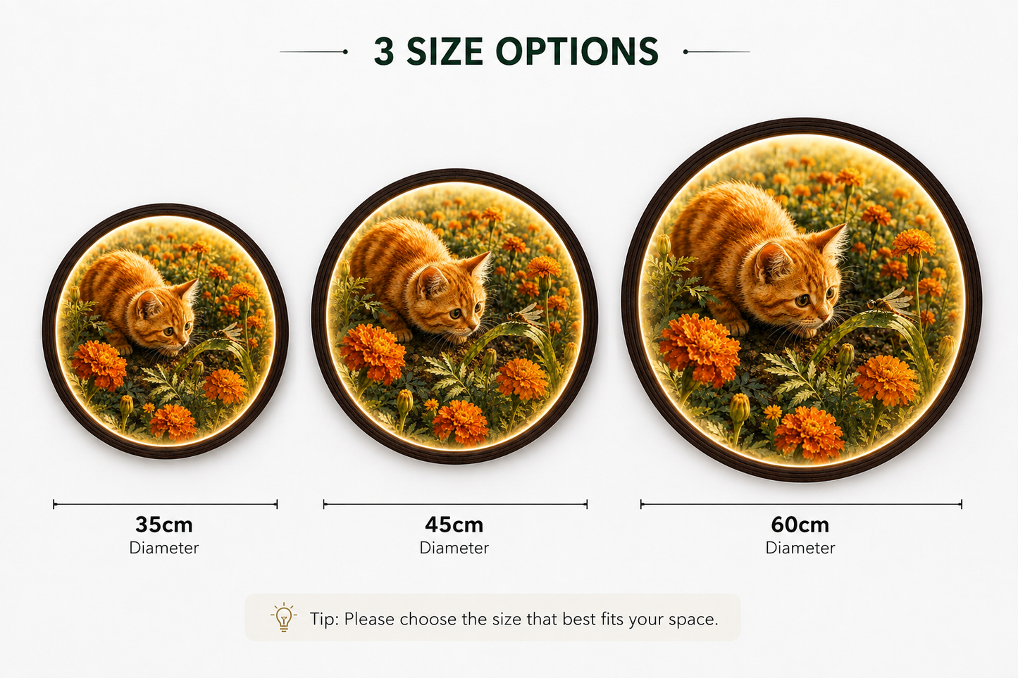 Round Wooden Frame Orange Tabby Cat Wall Art - Nature Scene with Marigolds and Dragonfly, LED Backlit