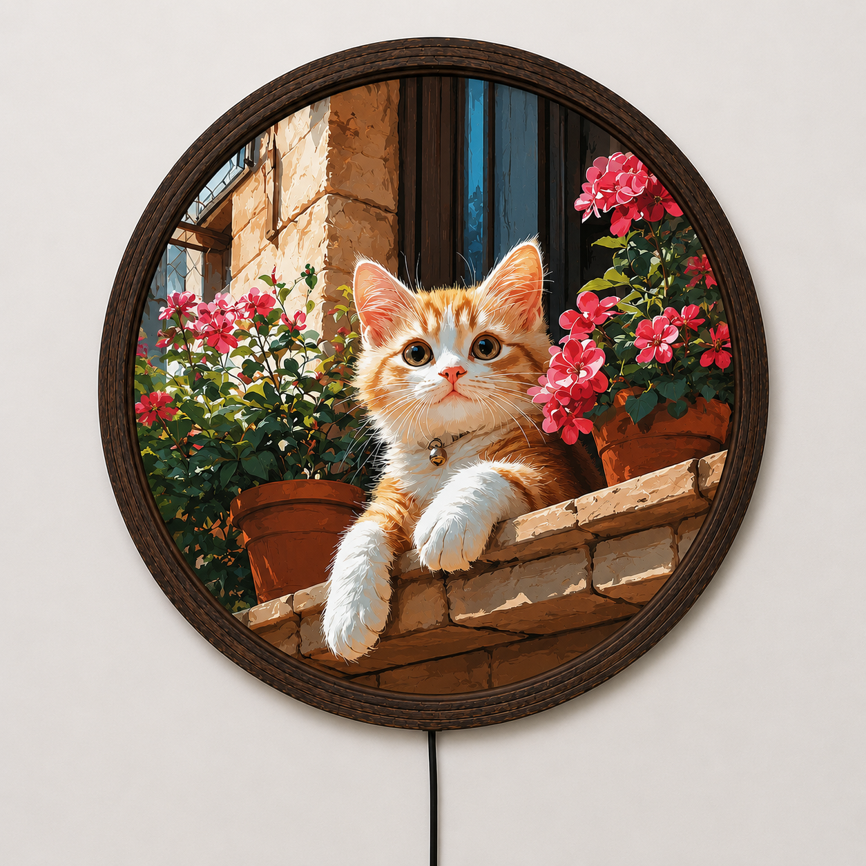 Cute Orange Cat with Flowers Illuminated Round Wall Art | LED Backlit Wooden Frame Wall Decor
