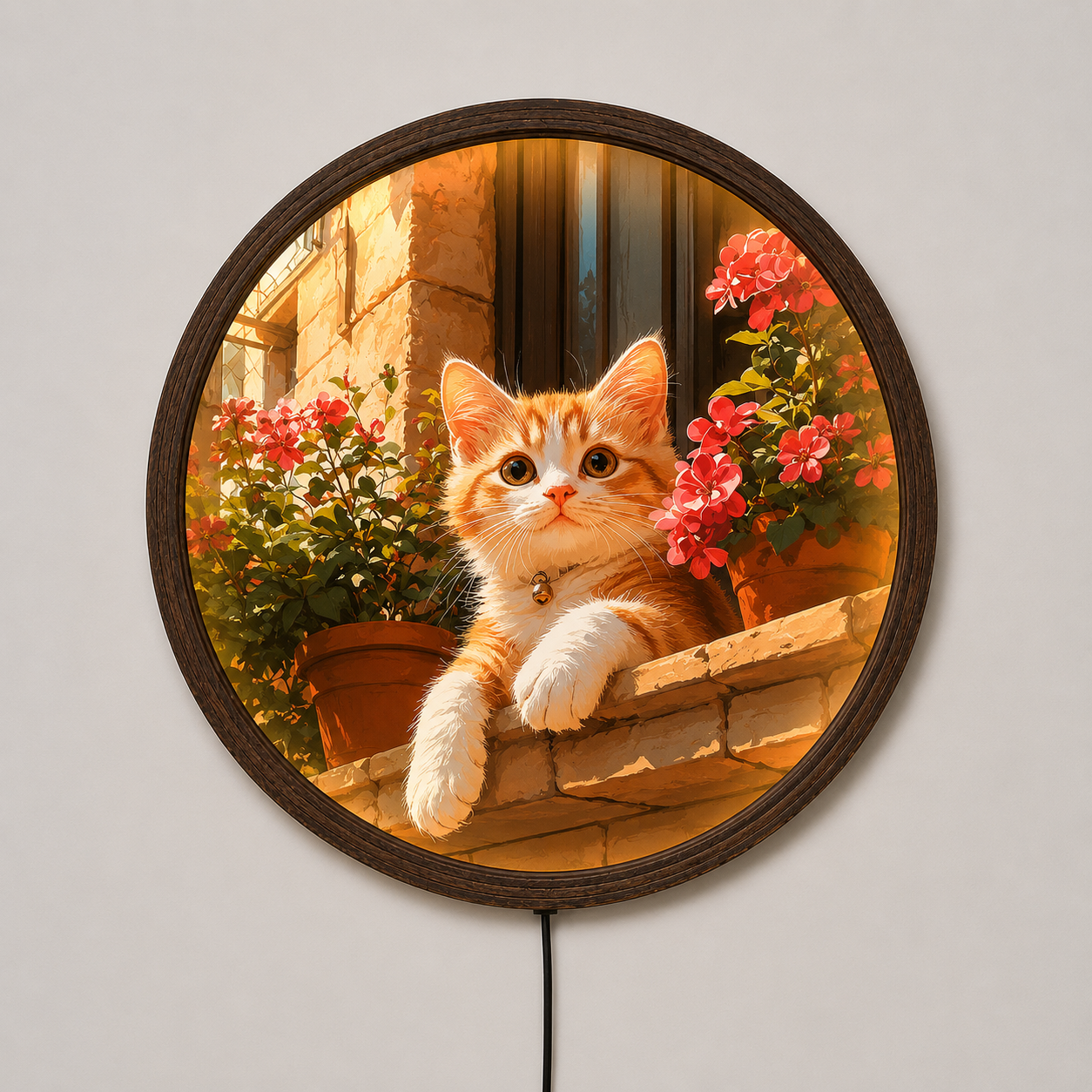 Cute Orange Cat with Flowers Illuminated Round Wall Art | LED Backlit Wooden Frame Wall Decor