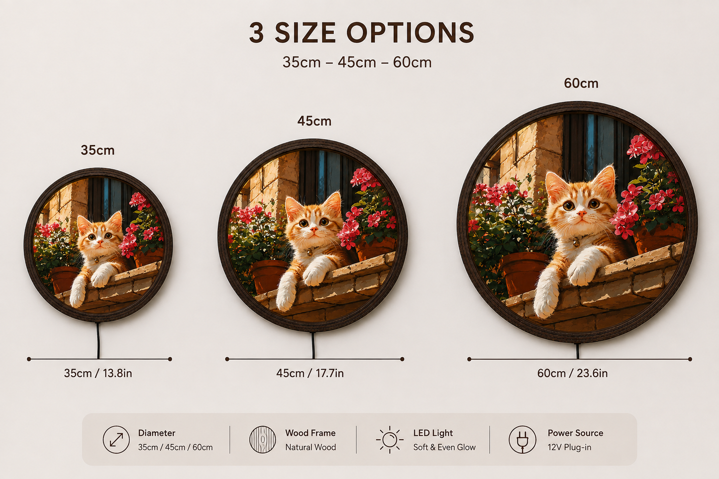 Cute Orange Cat with Flowers Illuminated Round Wall Art | LED Backlit Wooden Frame Wall Decor