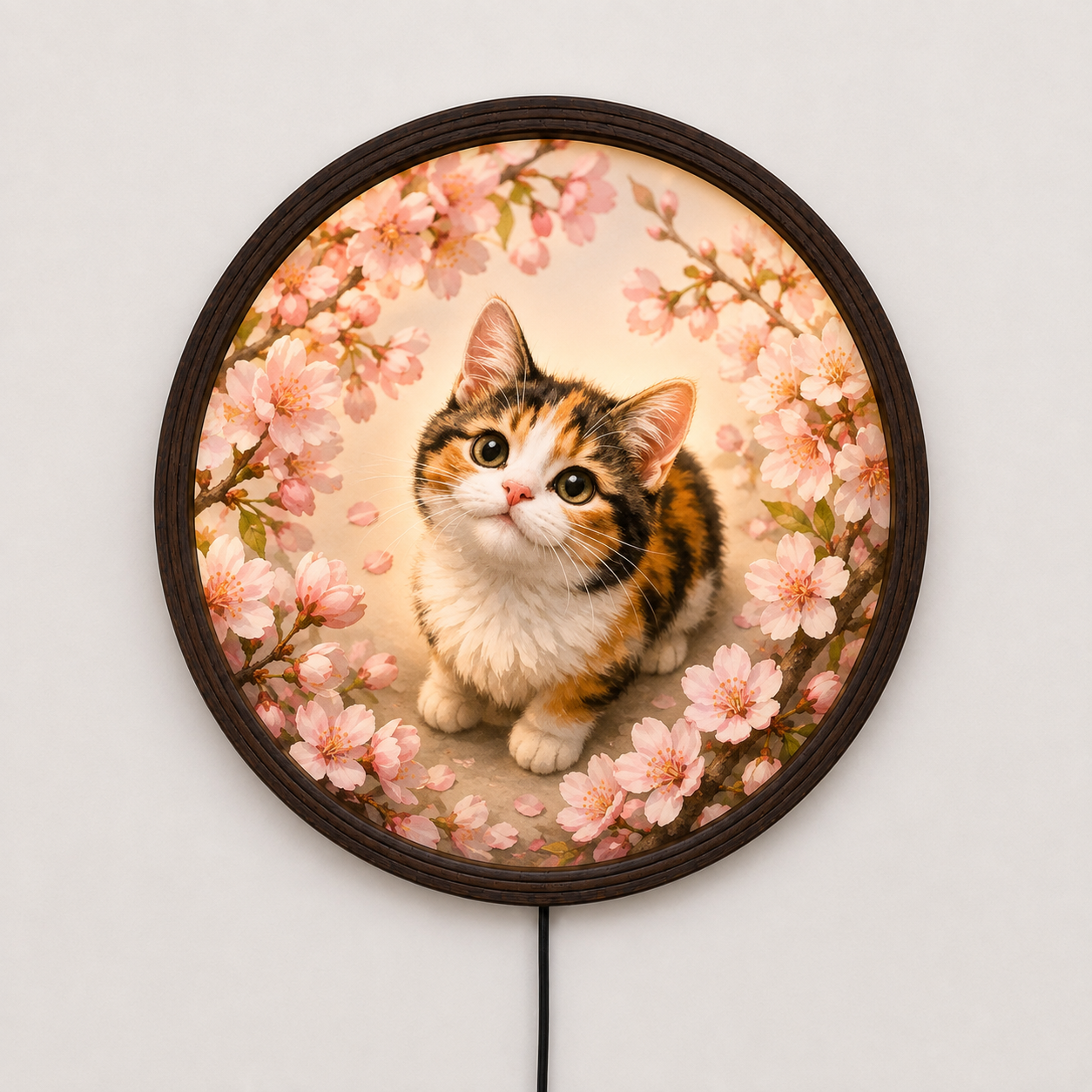 Cherry Blossom Kitten LED Wall Sconce – Illuminated Round Wooden Frame Cat Wall Art for Bedroom & Living Room Decor