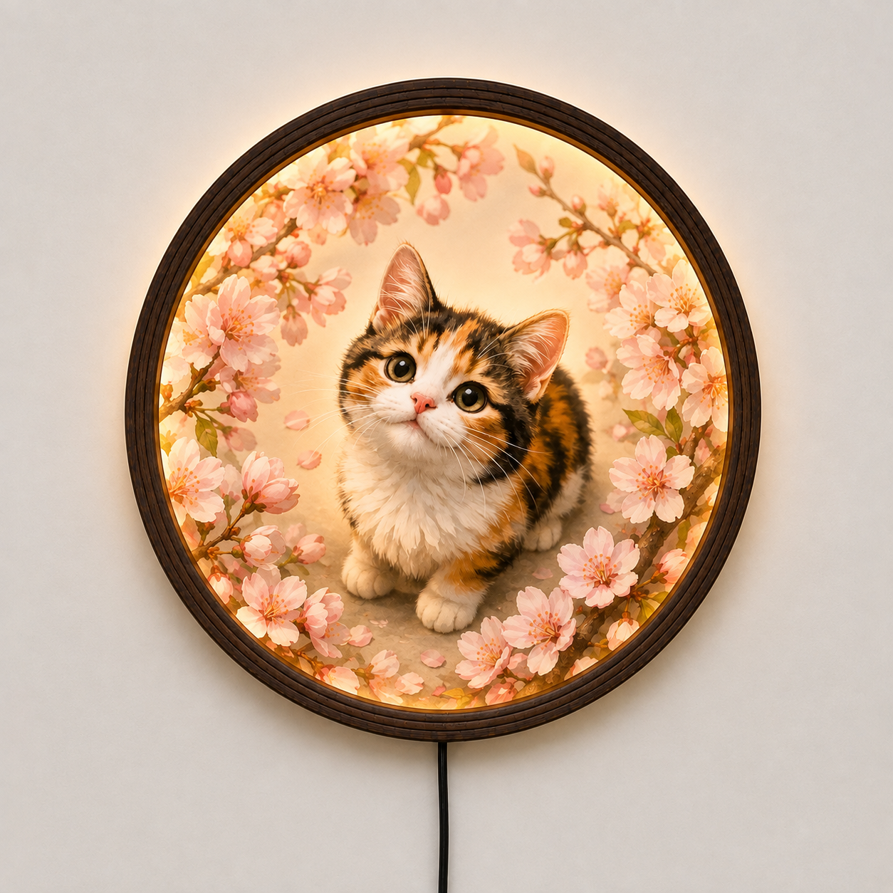 Cherry Blossom Kitten LED Wall Sconce – Illuminated Round Wooden Frame Cat Wall Art for Bedroom & Living Room Decor