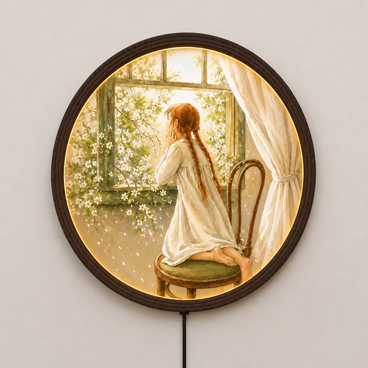 Round Illuminated Wall Art – Cozy Girl by the Spring Window Light Box | Warm Cottagecore Home Decor