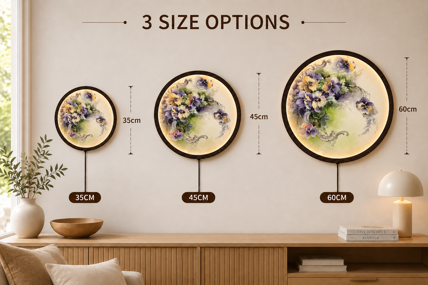 Pansy Floral Round LED Wall Art – Elegant Botanical Home Decor with Soft Ambient Lighting