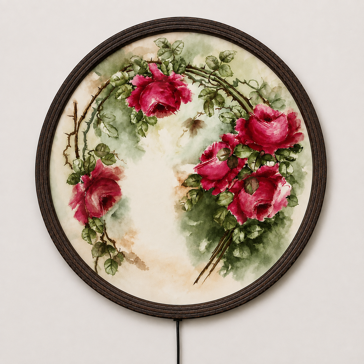 Floral LED Round Wall Art – Pink Rose Botanical Illuminated Wall Decor, Modern Home Decor, Plug-In Lighted Wall Hanging