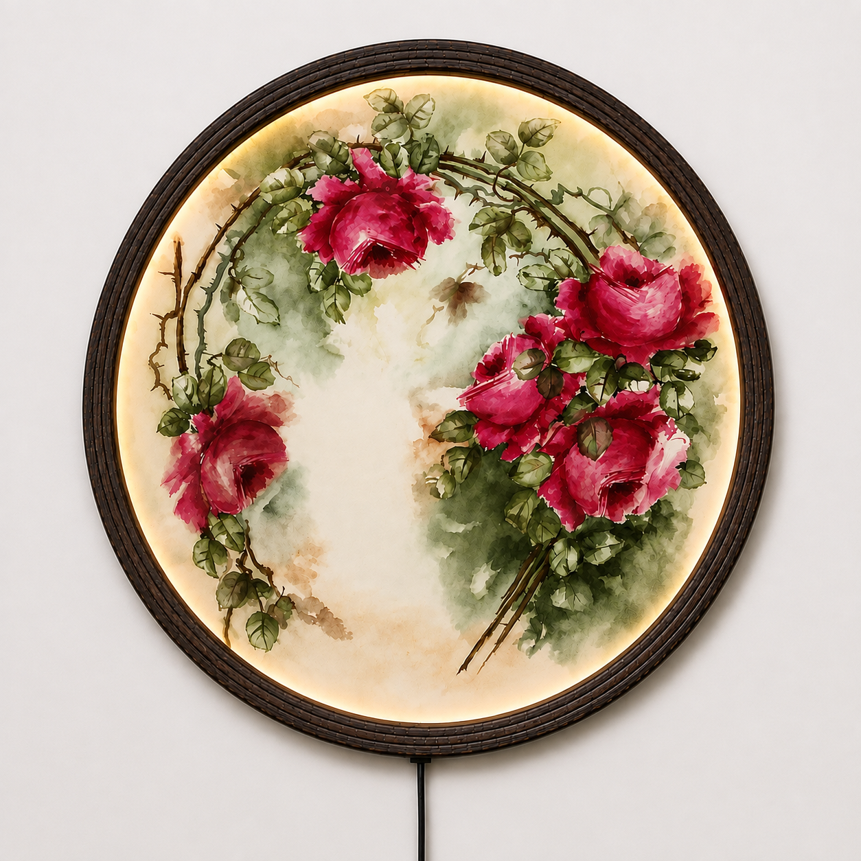 Floral LED Round Wall Art – Pink Rose Botanical Illuminated Wall Decor, Modern Home Decor, Plug-In Lighted Wall Hanging