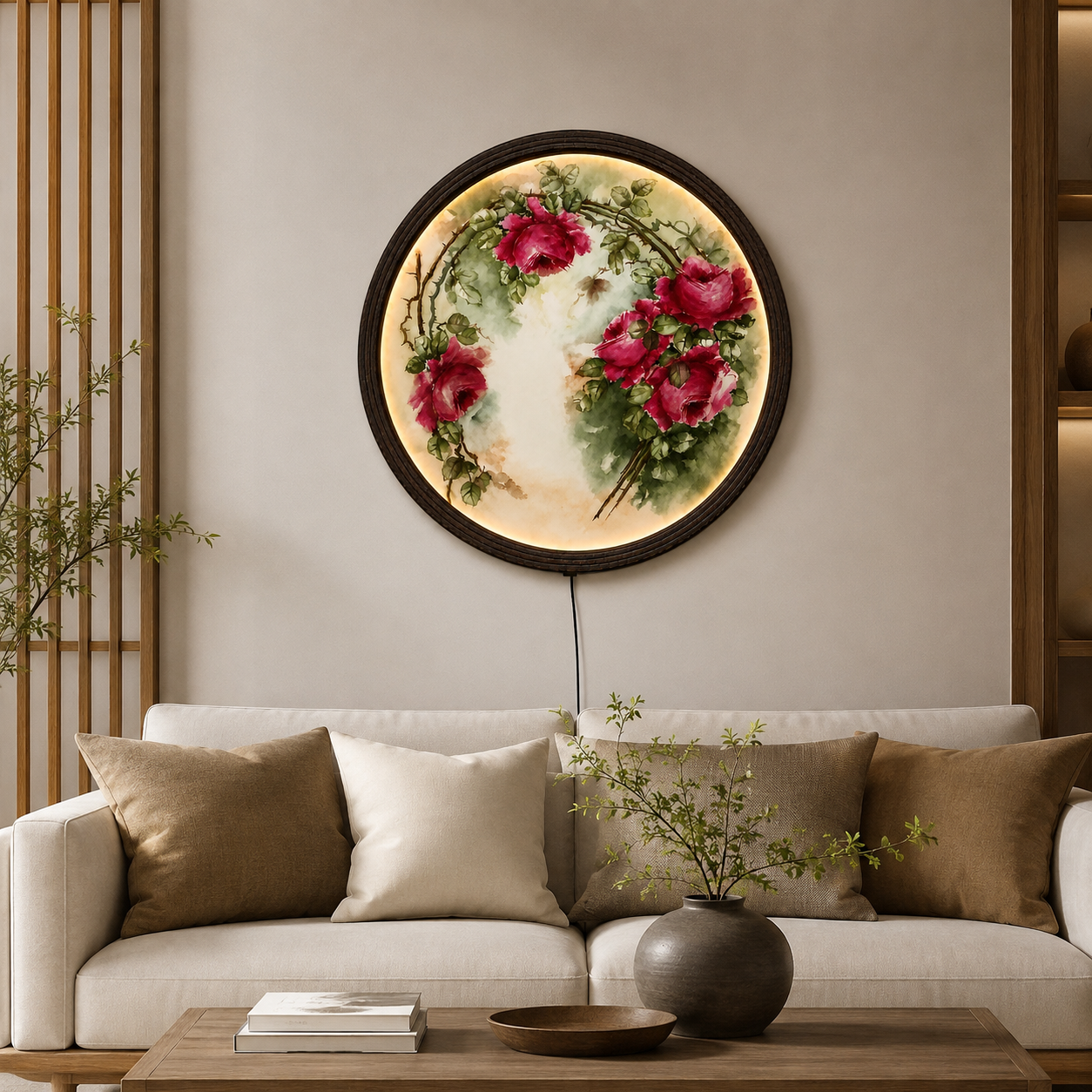 Floral LED Round Wall Art – Pink Rose Botanical Illuminated Wall Decor, Modern Home Decor, Plug-In Lighted Wall Hanging