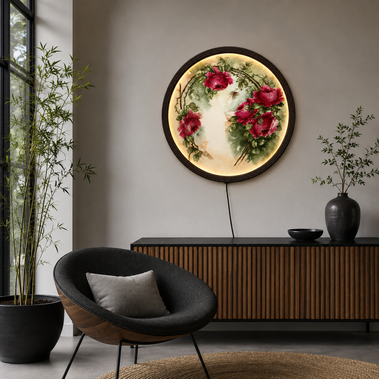 Floral LED Round Wall Art – Pink Rose Botanical Illuminated Wall Decor, Modern Home Decor, Plug-In Lighted Wall Hanging