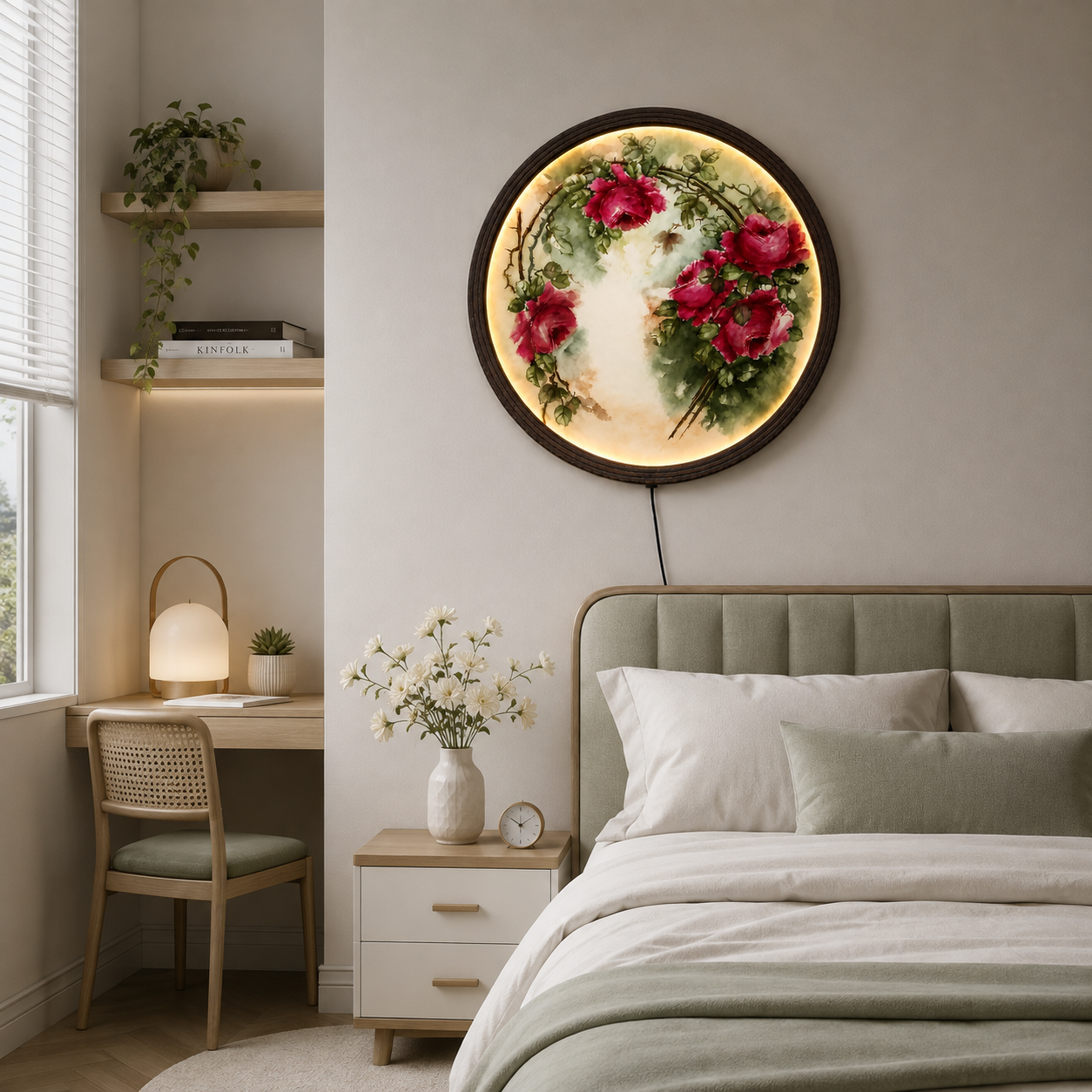 Floral LED Round Wall Art – Pink Rose Botanical Illuminated Wall Decor, Modern Home Decor, Plug-In Lighted Wall Hanging