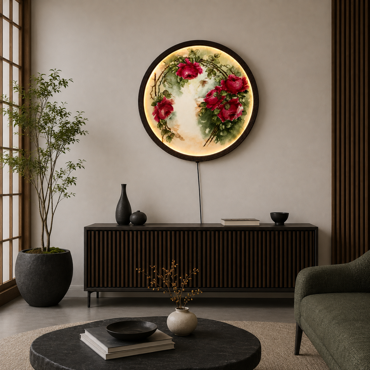 Floral LED Round Wall Art – Pink Rose Botanical Illuminated Wall Decor, Modern Home Decor, Plug-In Lighted Wall Hanging
