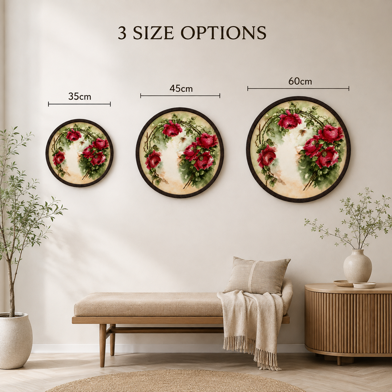 Floral LED Round Wall Art – Pink Rose Botanical Illuminated Wall Decor, Modern Home Decor, Plug-In Lighted Wall Hanging