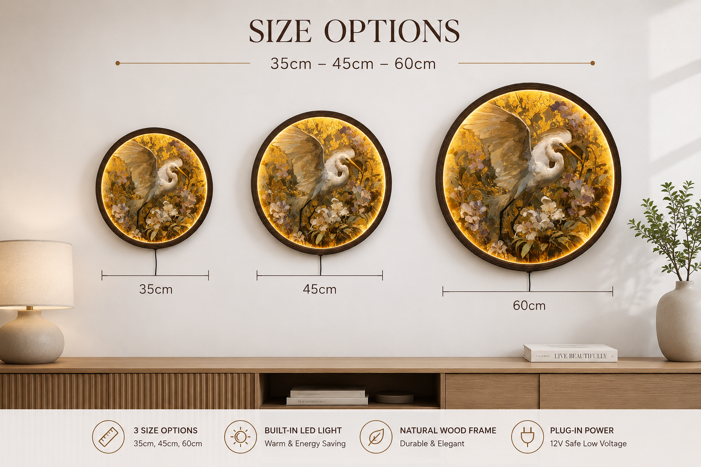 Elegant White Heron LED Round Wall Art – Luxury Floral Illuminated Wall Decor with Warm Glow for Living Room & Bedroom