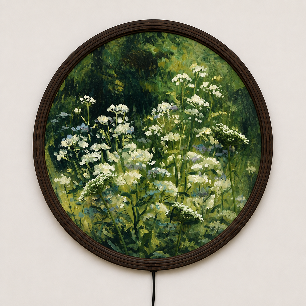 LED Wildflower Meadow Round Wall Art – Illuminated Nature Canvas with Wooden Frame | Modern Home Decor