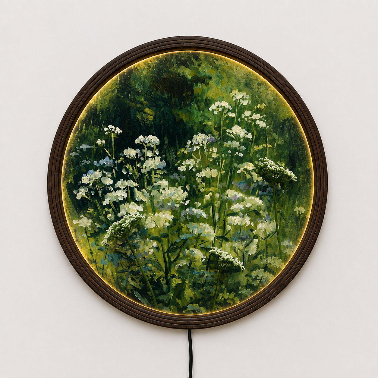 LED Wildflower Meadow Round Wall Art – Illuminated Nature Canvas with Wooden Frame | Modern Home Decor