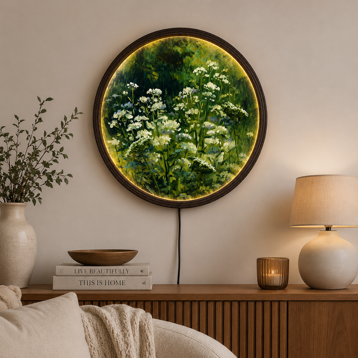 LED Wildflower Meadow Round Wall Art – Illuminated Nature Canvas with Wooden Frame | Modern Home Decor