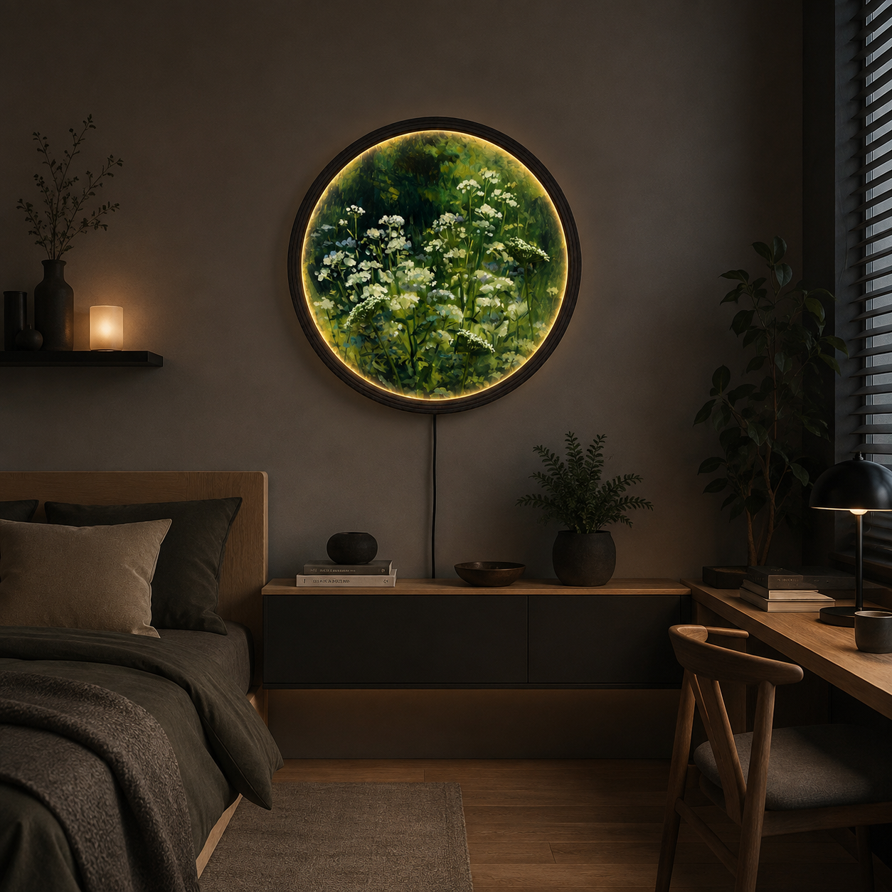 LED Wildflower Meadow Round Wall Art – Illuminated Nature Canvas with Wooden Frame | Modern Home Decor