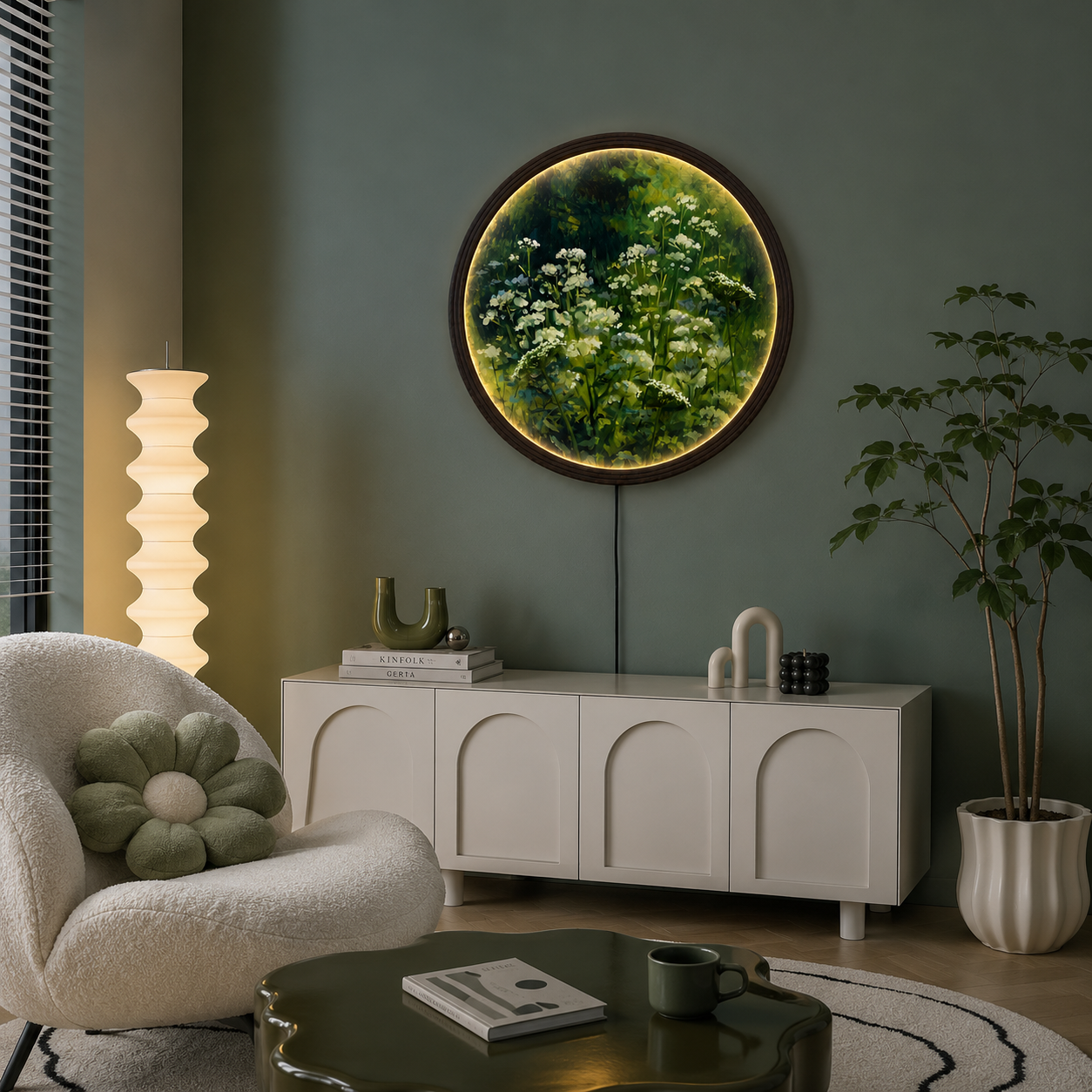 LED Wildflower Meadow Round Wall Art – Illuminated Nature Canvas with Wooden Frame | Modern Home Decor