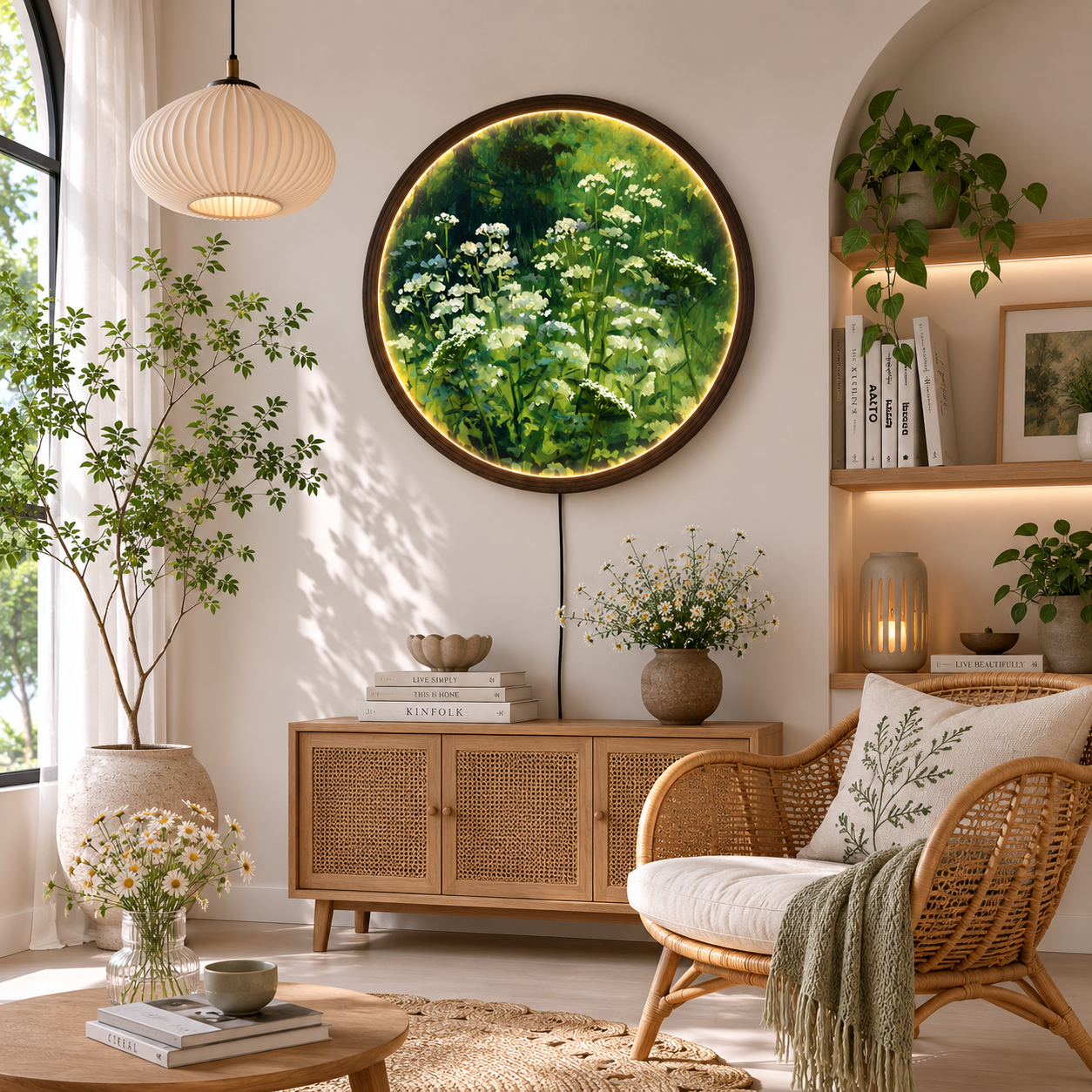 LED Wildflower Meadow Round Wall Art – Illuminated Nature Canvas with Wooden Frame | Modern Home Decor