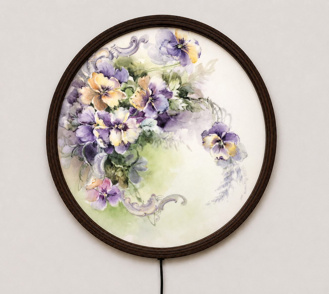 Pansy Floral Round LED Wall Art – Elegant Botanical Home Decor with Soft Ambient Lighting